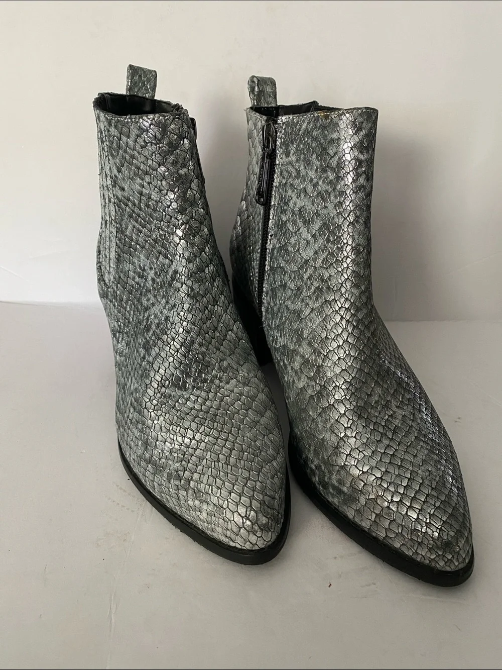 Blondo Elvina Metallic Silver Waterproof Snake-Embossed Ankle Booties